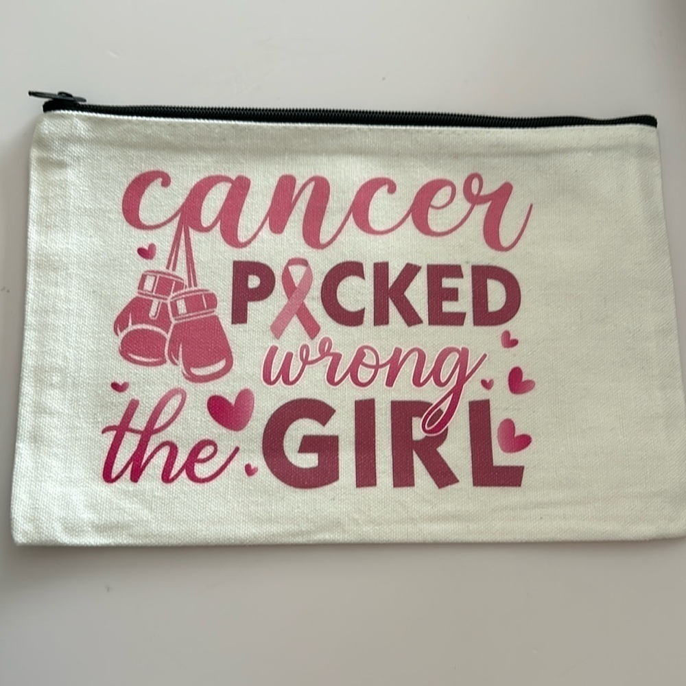 Breast Cancer Awareness Canvas Makeup Bag CANCER PICKED THE WRONG GIRL / NEW